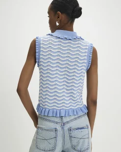 Blue Striped Knit Collared Tank Top