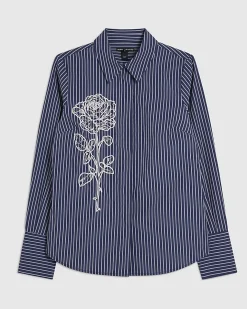 Blue Striped Long Sleeve Embroidered Shirt