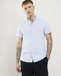 Blue Textured Muscle Fit Short Sleeve Shirt