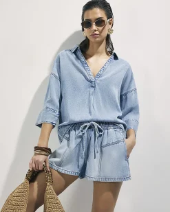 Blue Tie Waist Denim Shorts