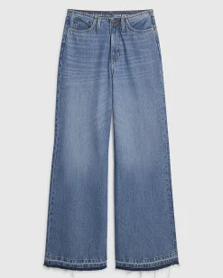 Blue Turn Down Hem Wide Leg Jeans