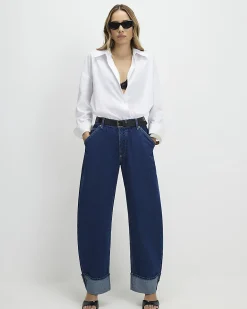 Blue Turn Up Cuff Barrel Leg Jeans
