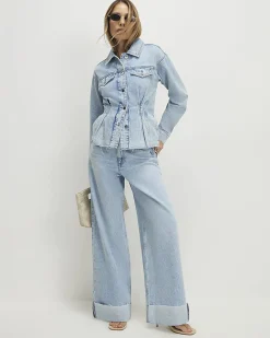 Blue Turn Up Hem Wide Leg Jeans