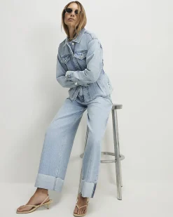 Blue Turn Up Hem Wide Leg Jeans