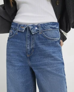 Blue Turned Down Waist Wide Leg Jeans