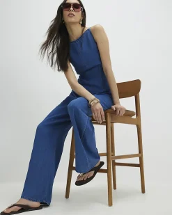 Blue Wide Leg Denim Jumpsuit