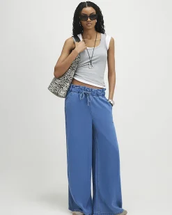 Blue Wide Leg Paperbag Jeans