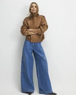 Blue Wide Leg Pleated Cargo Pocket Jeans