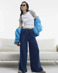 Blue Wide Leg Pyjama Style Drawstring Jeans