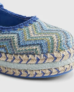 Blue Zig Zag Raffia Lace Up Flatform Shoes