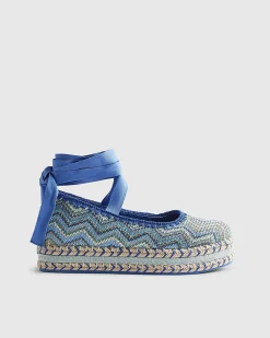 Blue Zig Zag Raffia Lace Up Flatform Shoes