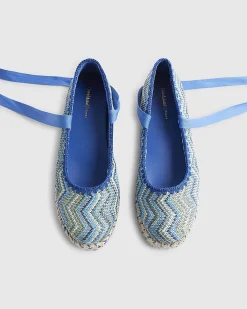 Blue Zig Zag Raffia Lace Up Flatform Shoes