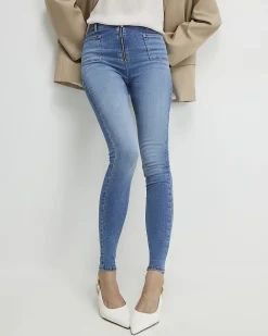 Blue Zip Front High Waisted Skinny Jeans