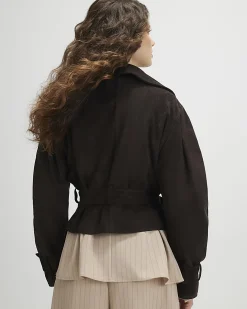 Brown Belted Faux Suede Cropped Trench Jacket