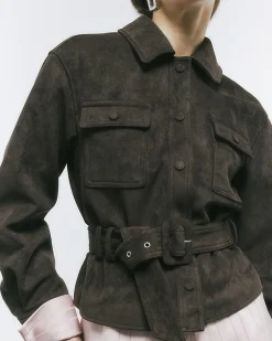 Brown Belted Faux Suede Jacket