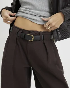 Brown Belted Pleated Wide Leg Jeans