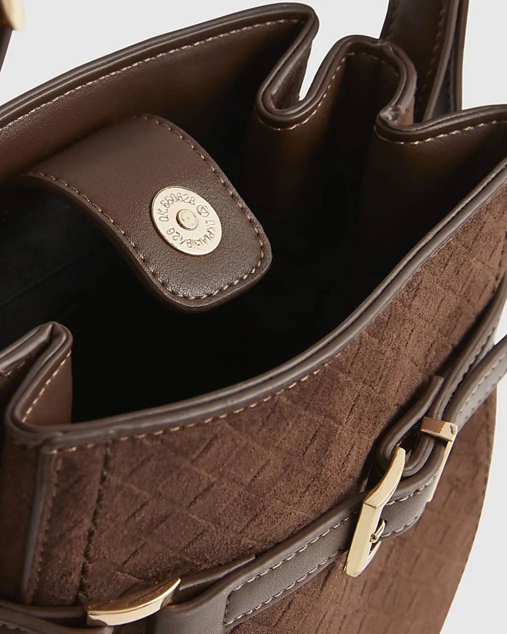 Brown Buckle Top Weave Detail Bucket Bag
