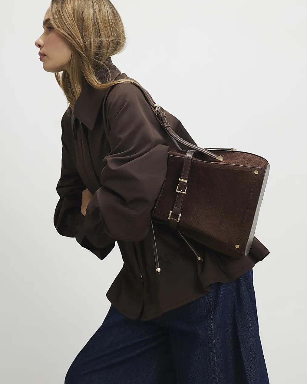 Brown Buckle Top Weave Detail Bucket Bag