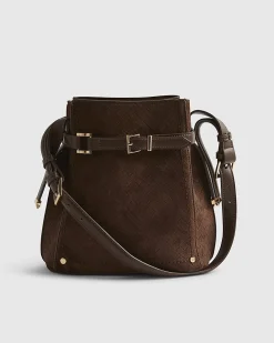 Brown Buckle Top Weave Detail Bucket Bag
