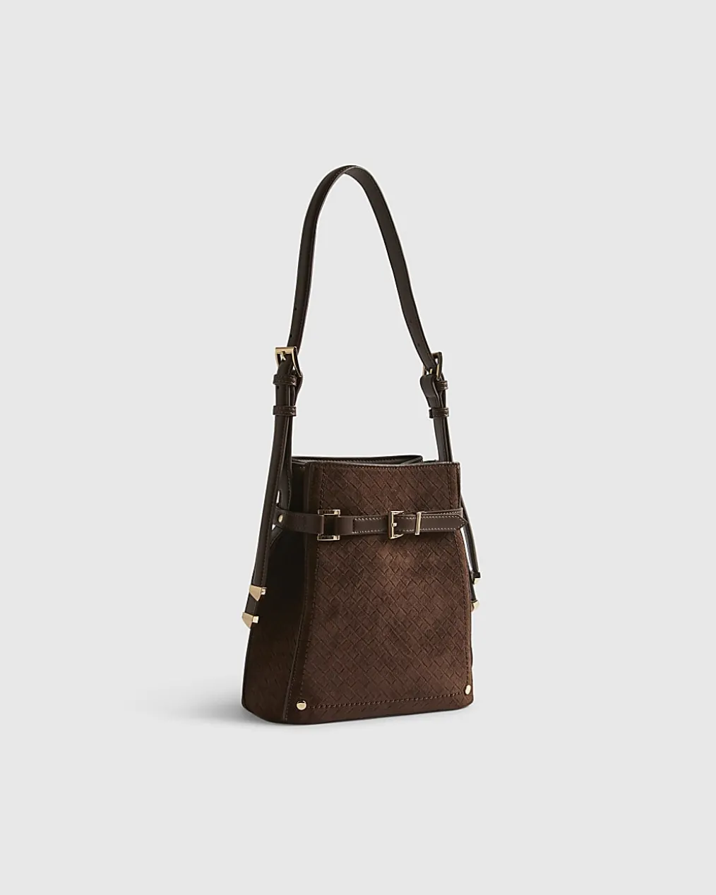 Brown Buckle Top Weave Detail Bucket Bag