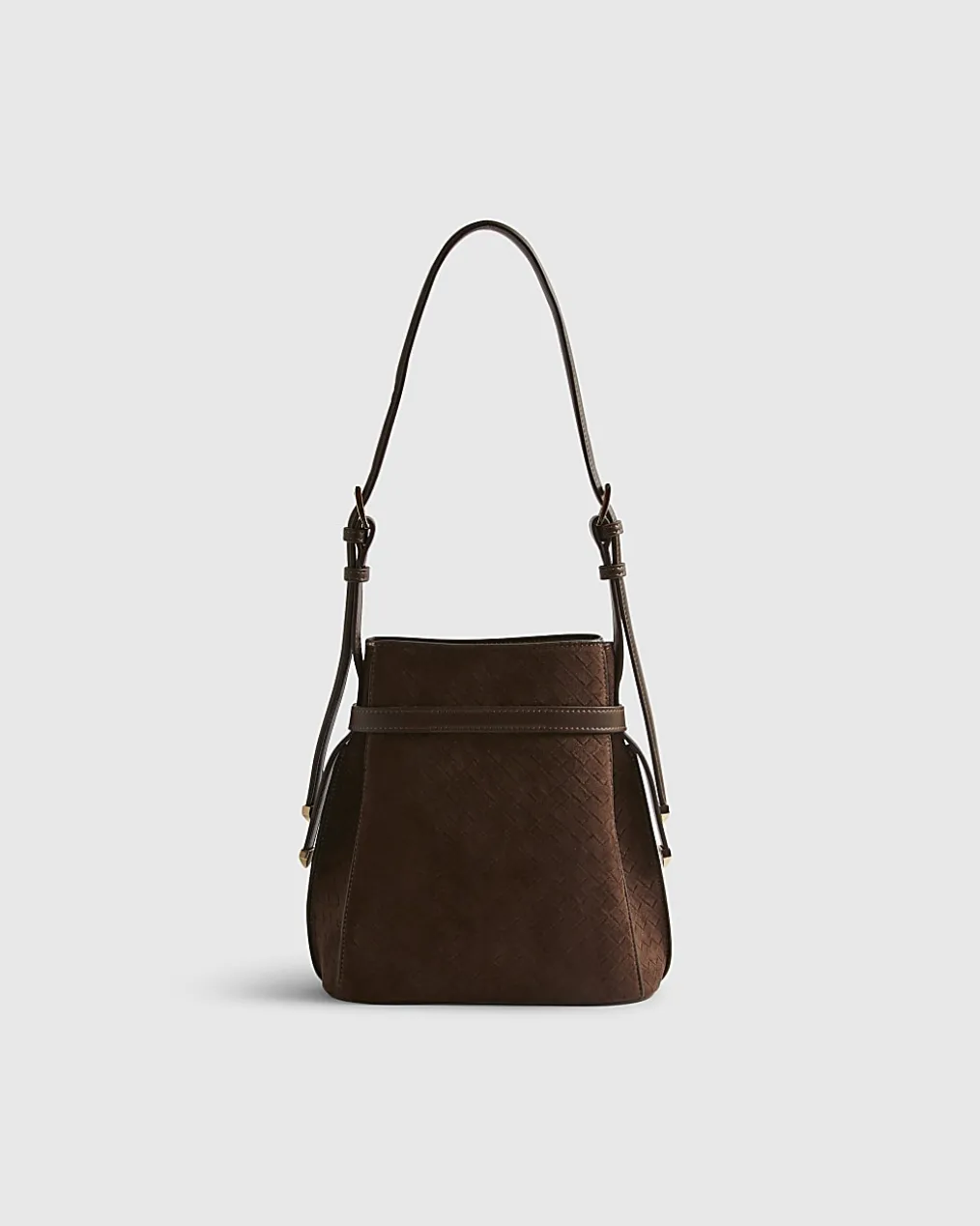 Brown Buckle Top Weave Detail Bucket Bag