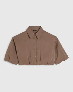 Brown Buttoned Bubble Hem Shirt