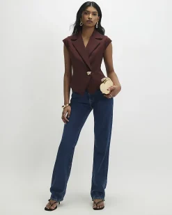 Brown Cap Sleeve Twill Waistcoat