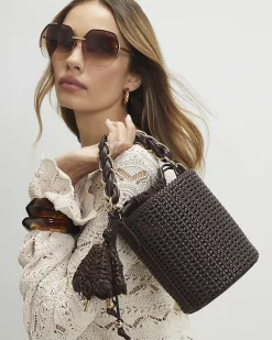 Brown Chain Handle Woven Bucket Bag
