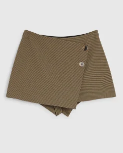 Brown Check Asymmetric Wrap Skort