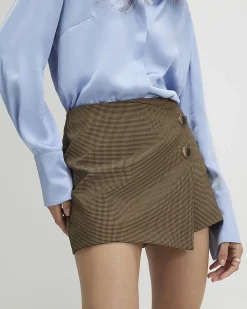 Brown Check Asymmetric Wrap Skort