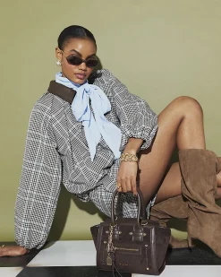 Brown Check Bubble Hem Bomber Jacket