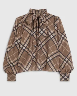 Brown Check Print Pussybow Blouse