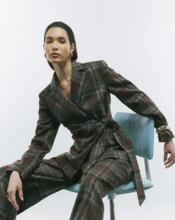 Brown Check Tie Waist Blazer