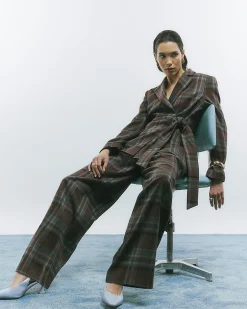 Brown Check Wide Leg Trousers