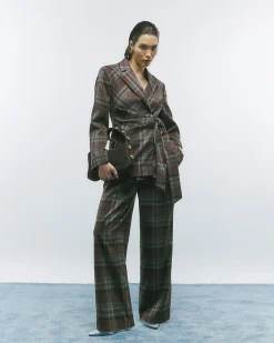 Brown Check Wide Leg Trousers