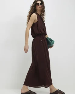 Brown Chiffon Tie Side Maxi Skirt