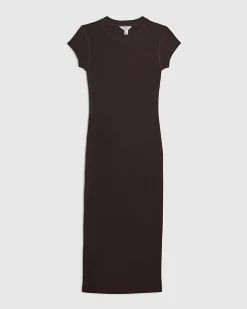 Brown Cotton Blend Cap Sleeve Midi Dress