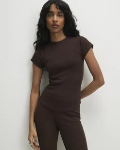 Brown Cotton Blend Fitted Ribbed Top