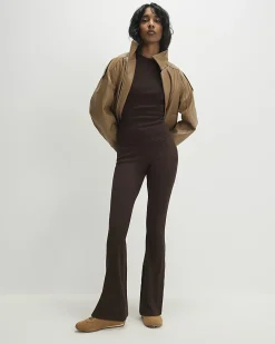 Brown Cotton Blend Fitted Ribbed Top