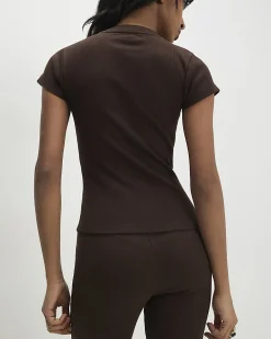 Brown Cotton Blend Fitted Ribbed Top
