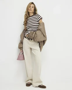 Brown Cotton Blend Fitted Stripe Rib T-Shirt