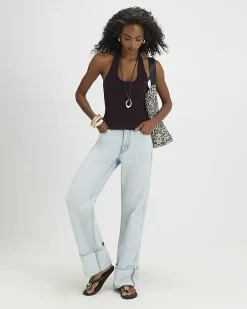 Brown Cotton Blend Halter Neck Tank Top
