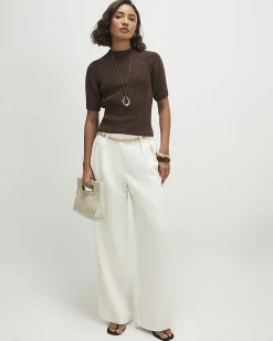Brown Cotton Blend Knitted Short Sleeve Top