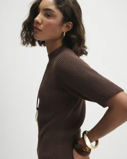 Brown Cotton Blend Knitted Short Sleeve Top