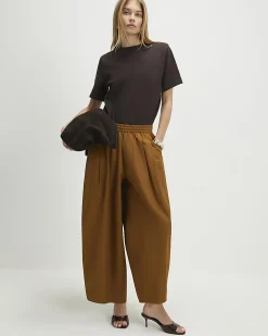 Brown Cotton blend Poplin Barrel Leg Trousers