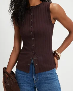 Brown Cotton Blend Popper Tank Top