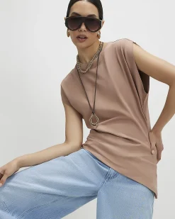 Brown Cotton blend Ruched Side T-shirt