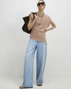 Brown Cotton blend Ruched Side T-shirt