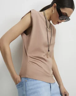 Brown Cotton blend Ruched Side T-shirt