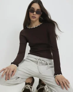 Brown Cotton Blend Scallop Trim Top
